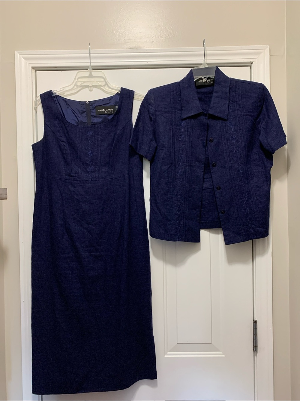 Sag Harbor Linen Blend Navy Short-Sleeve Dress & Jacket Set Size 8 Petite